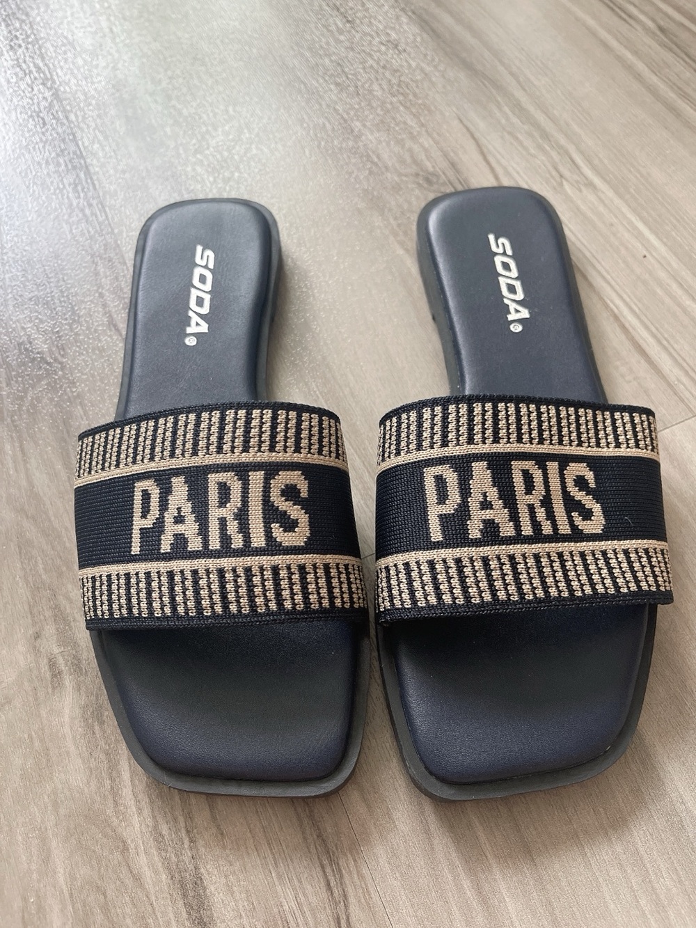 BRAND NEW Paris Black & Tan Slide Sandals